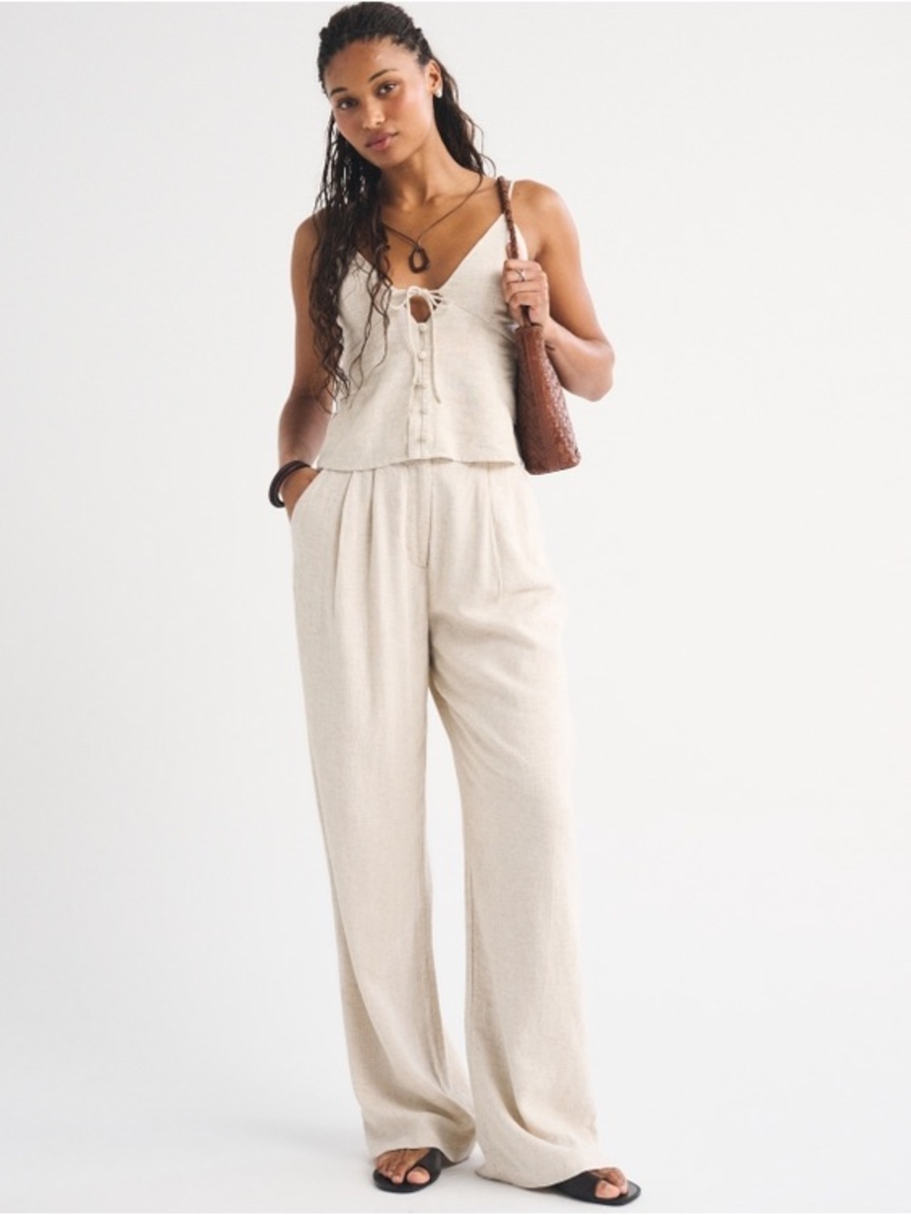 Abercrombie & Fitch Cream Wide-Leg Linen-Blend Jumpsuit